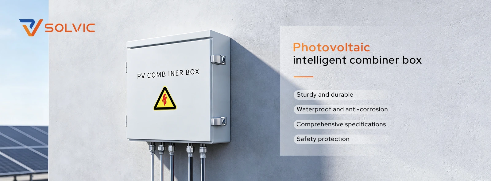 PV combiner box banner – solar array system with combiner box consolidating multiple DC strings into inverter, IP65 waterproof outdoor-rated enclosure for reliable solar string protection